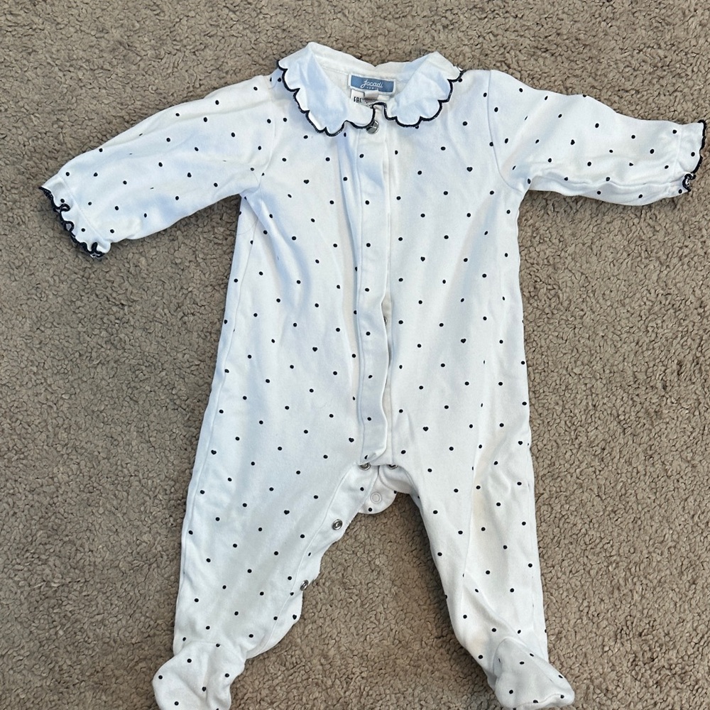 Jacadi White and Navy Polka Dot Footie 6 months